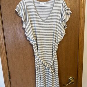 Gray Striped Ruffle Sleeve Dress